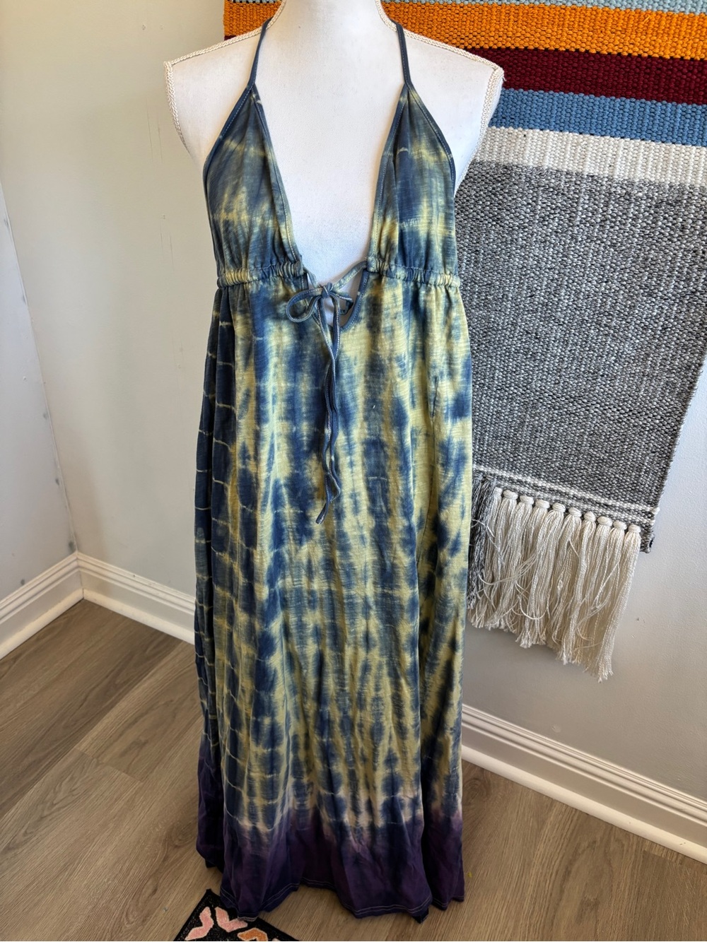SHEIN Yellow Blue Tie-Dye Cotton Halter Maxi Dress
